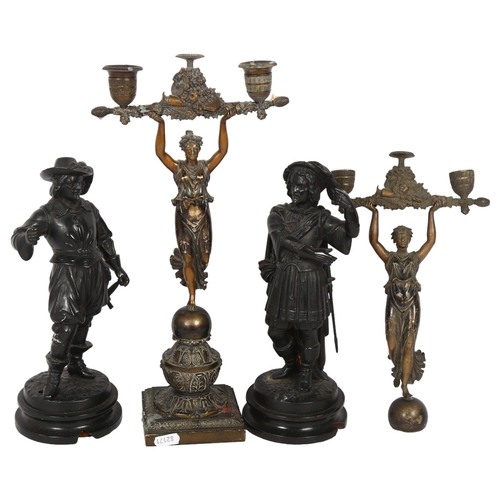 514 - A pair of cast spelter cavalier figures on turned wood stands, H29cm, and a pair of cast-brass table... 