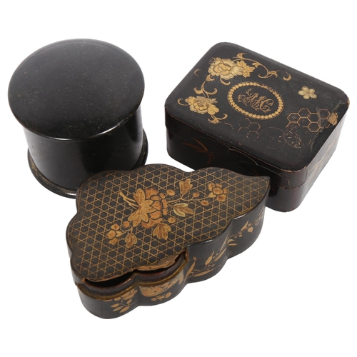 516 - 3 Victorian black lacquered and papier mache boxes, 2 with gilded decoration (3)