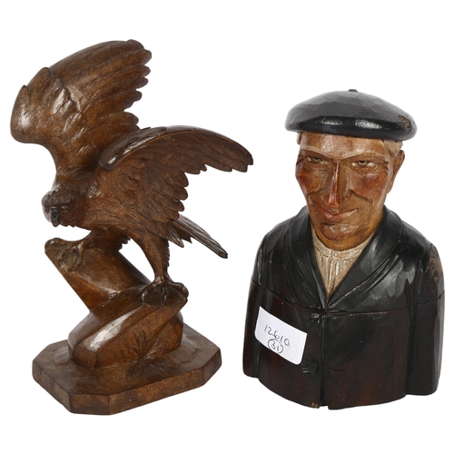 532 - A Black Forest carved eagle on stand, H13cm, and a Tyrolean carved and painted inkwell in the form o... 