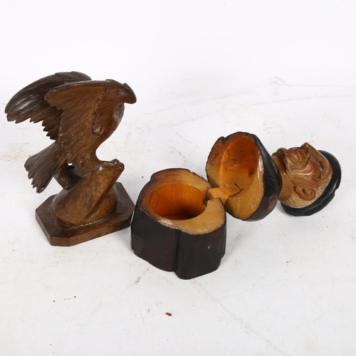 532 - A Black Forest carved eagle on stand, H13cm, and a Tyrolean carved and painted inkwell in the form o... 