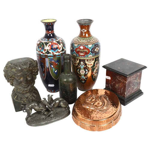 535 - 2 Antique cloisonne vases (not a pair), a slate and marble stand, an embossed brass plaque with rabb... 