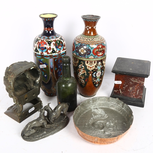 535 - 2 Antique cloisonne vases (not a pair), a slate and marble stand, an embossed brass plaque with rabb... 