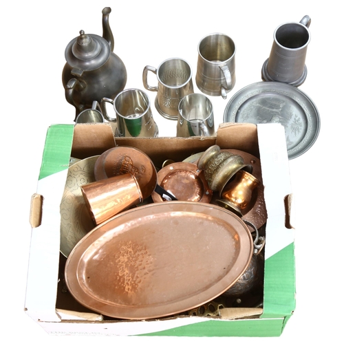 553 - 2 boxes of mixed brass copper and pewter ware