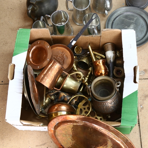 553 - 2 boxes of mixed brass copper and pewter ware