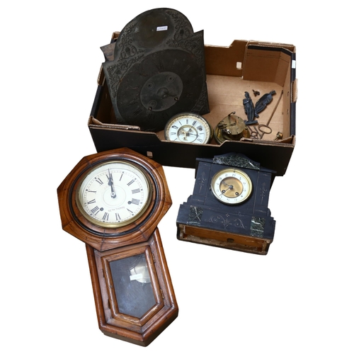 555 - A Victorian black slate and marble mantel clock (no key or pendulum), a drop dial wall clock, an 18t... 