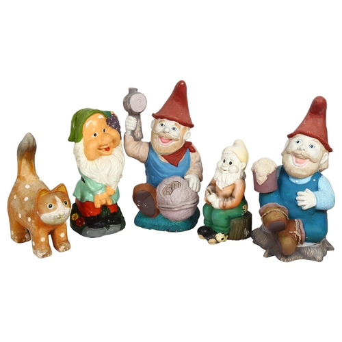 562 - A group of 4 garden gnomes, including a gnome on a toadstool drinking beer, and a ceramic ginger cat... 