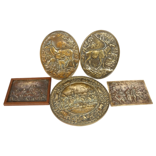 566 - A group of bronze plaques, including 2 oval designs, 1 depicting a stag and a second depicting a doe... 