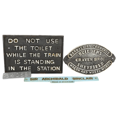 567 - A group of modern railway-related signs, including a cast-iron sign with narrative 