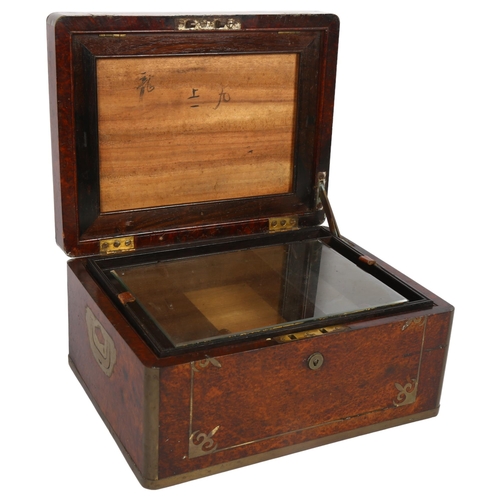 575 - A Victorian brass-bound and burr-walnut gentleman's travelling vanity box, L30cm, H15cm, D23cm