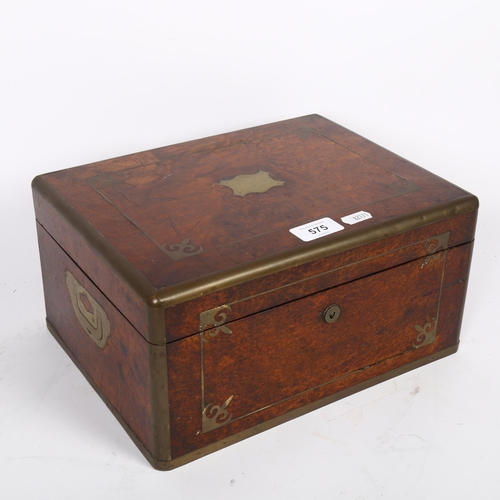 575 - A Victorian brass-bound and burr-walnut gentleman's travelling vanity box, L30cm, H15cm, D23cm