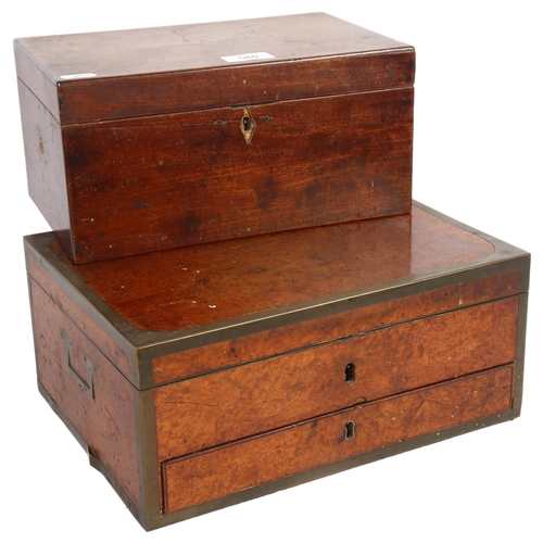 580 - 2 similar Victorian storage boxes, brass-bound and burr-walnut, largest length 32cm, H40cm, D24cm