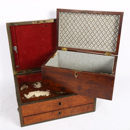 580 - 2 similar Victorian storage boxes, brass-bound and burr-walnut, largest length 32cm, H40cm, D24cm