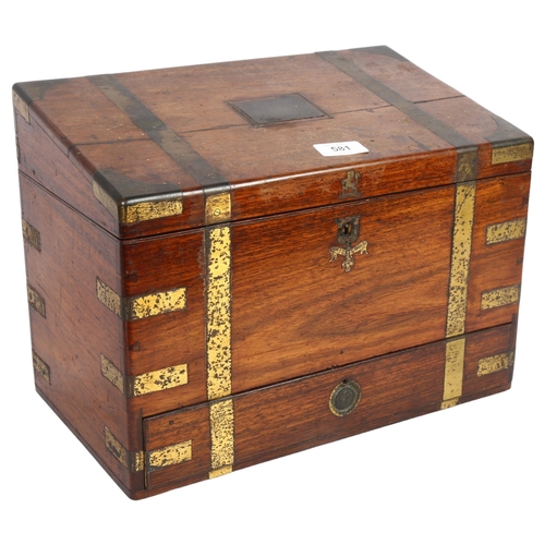 581 - A Victorian mahogany and brass-bound travelling stationery case, H27cm, L36cm, D21cm