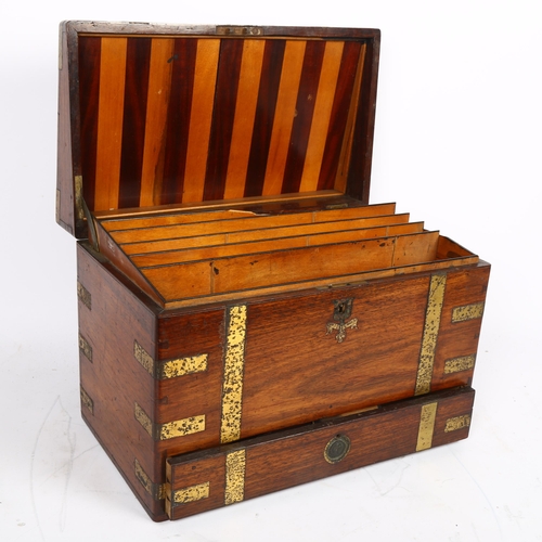 581 - A Victorian mahogany and brass-bound travelling stationery case, H27cm, L36cm, D21cm