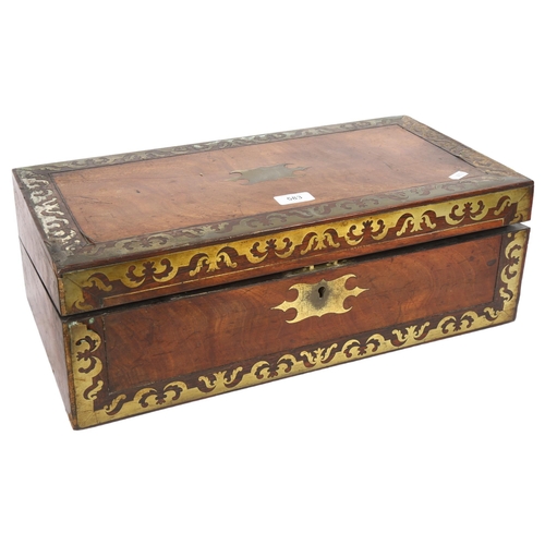 583 - A Regency walnut and brass-bound travelling writing slope, L50cm, H17cm, D26cm