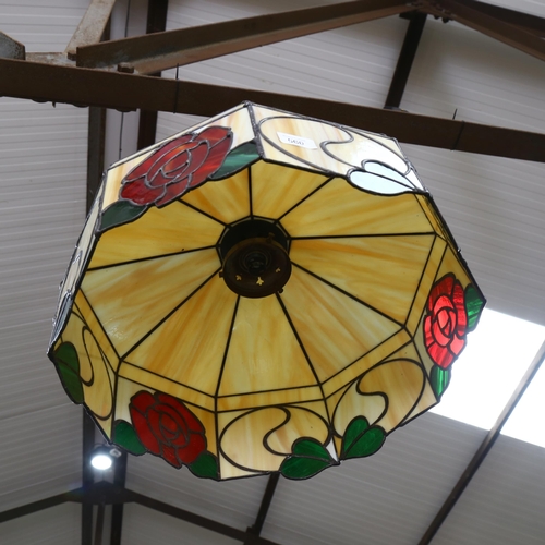 649 - A Tiffany style lead and coloured glass ceiling light shade, with red rose decoration, diameter 44cm