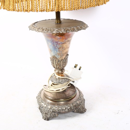 322 - An ornate silver plate on copper vase converted to a table lamp, acanthus leaf and floral decoration... 