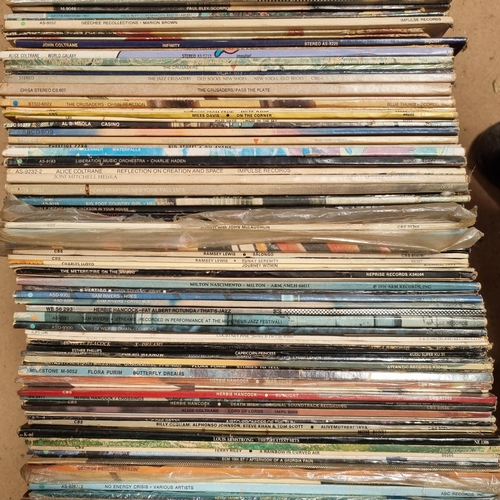 597 - A quantity of vinyl LPs, jazz related in genre, including such artists as George Duke, Stanley Clark... 