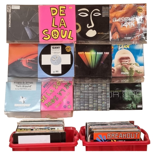 608 - A quantity of vinyl LPs, 90s/00s dance music in genre, including such artists as Afrika Bambaataa an... 