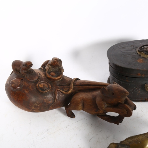 808 - An Oriental engraved metal box with brass mounts, L17cm, a carved wood rat group, and a brass fox