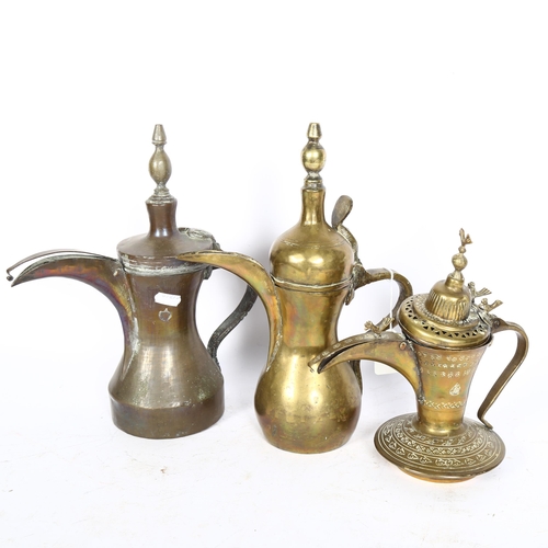 809 - A Vintage Dallah engraved Eastern brass coffee pot with applied birds, H22cm, and 2 similar larger c... 