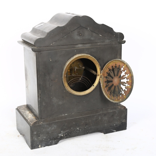 810 - A slate and marble-cased mantel clock, with mask decoration, H34cm