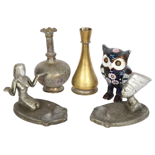 812 - A cloisonne owl, H17cm, 2 Eastern engraved brass vases, and 2 cast-metal ashtrays with Egyptian figu... 