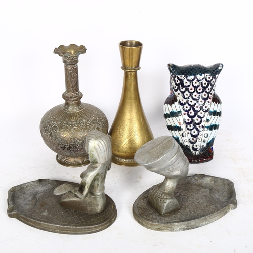 812 - A cloisonne owl, H17cm, 2 Eastern engraved brass vases, and 2 cast-metal ashtrays with Egyptian figu... 