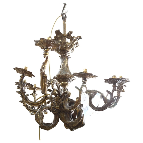 813 - A large impressive cast-brass 9-branch chandelier, H80cm, diameter 65cm approx