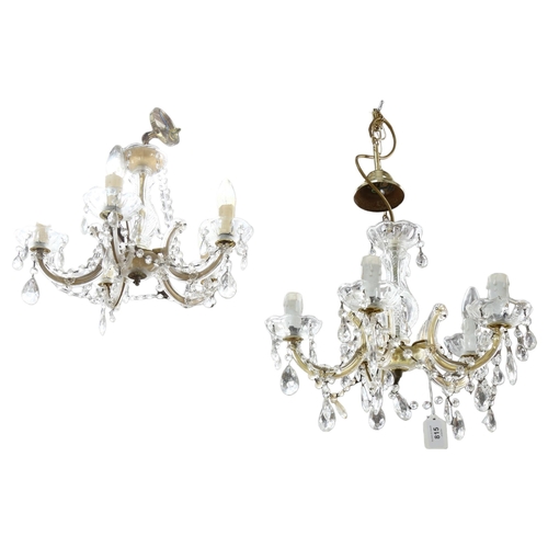 815 - A pair of similar glass chandeliers with 5 branches and lustre drops, 43cm across