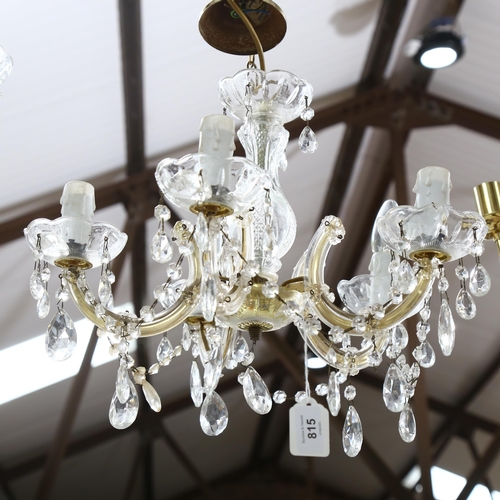 815 - A pair of similar glass chandeliers with 5 branches and lustre drops, 43cm across