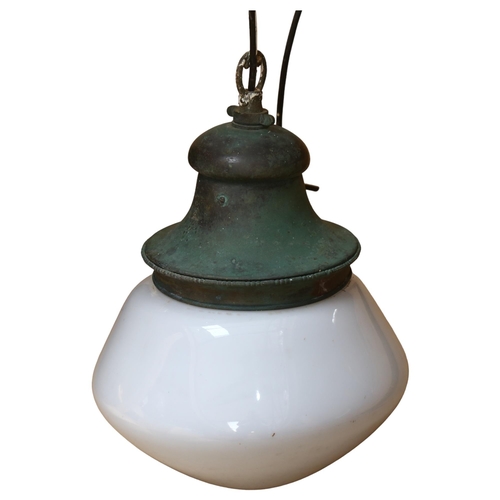 818 - A Vintage verdigris copper pendant light fitting with milk glass shade, H37cm overall