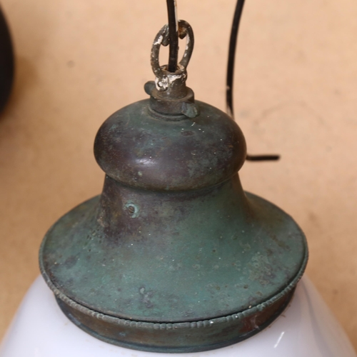 818 - A Vintage verdigris copper pendant light fitting with milk glass shade, H37cm overall