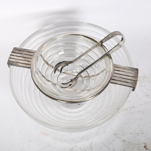 833 - Riedel Glass, a mid-century ribbed glass caviar bowl, with silver plated mounts and tongs, diameter ... 