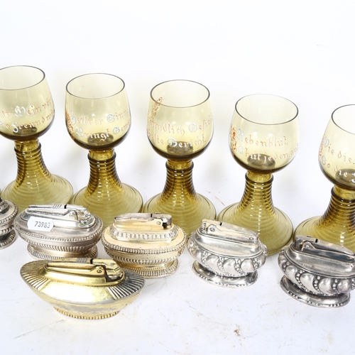 835 - A set of 6 German green glass rummers with inscriptions, height 14.5cm, 6 table lighters and a pocke... 