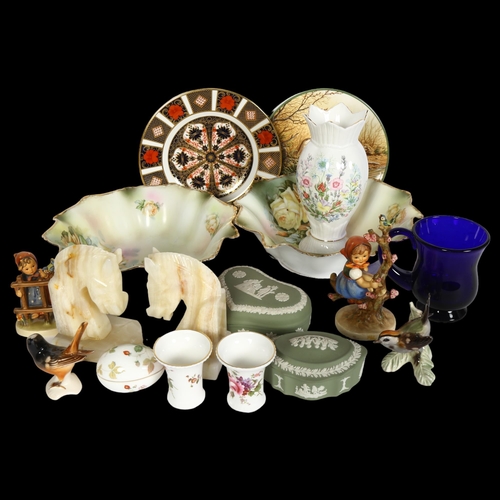 837 - Royal Crown Derby plate, 1128, 21.5cm, Hummel figures, onyx horse-head bookends, Goebels birds etc