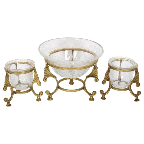 841 - A pair of crackle glaze glass pots in cast-brass tripod stands, and matching larger bowl, diameter 1... 