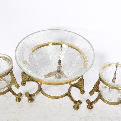 841 - A pair of crackle glaze glass pots in cast-brass tripod stands, and matching larger bowl, diameter 1... 