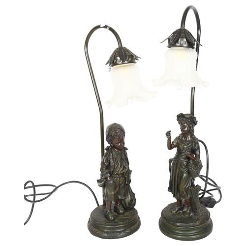 846 - A pair of Antique style table lamps, supported by composition figures, with glass shades, tallest 57... 