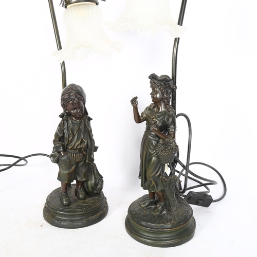 846 - A pair of Antique style table lamps, supported by composition figures, with glass shades, tallest 57... 