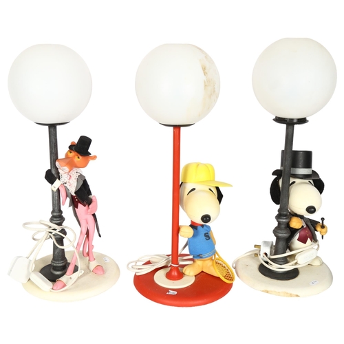 847 - 2 Italian plastic Snoopy figure table lamps, H52cm, and another with the Pink Panther