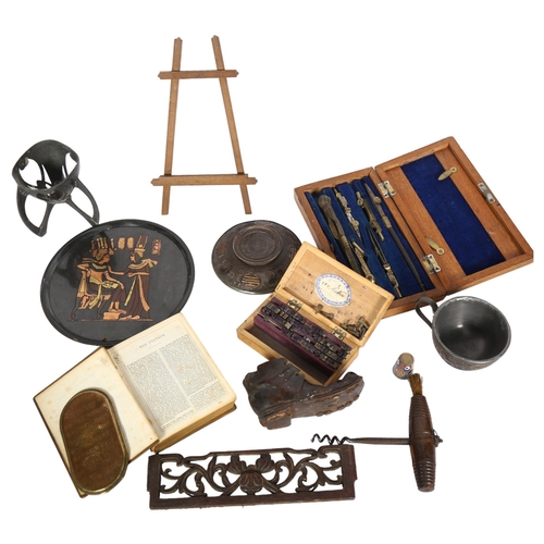 852 - A Reward mahogany-cased brass draughtsman set, a prayer book, a print set, corkscrew etc