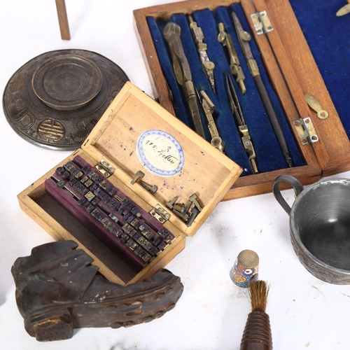 852 - A Reward mahogany-cased brass draughtsman set, a prayer book, a print set, corkscrew etc