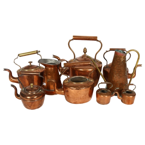 854 - 7 Antique copper kettles, tallest 26cm, and 2 copper jugs