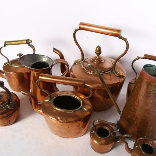 854 - 7 Antique copper kettles, tallest 26cm, and 2 copper jugs