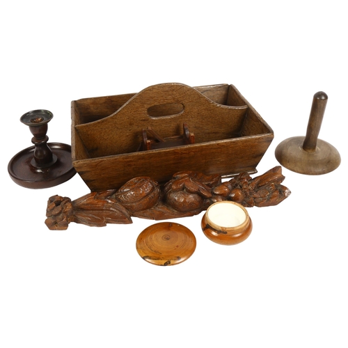 864 - A 19th century oak housemaid's tray, L33.5cm, carved wood pediment, candlestick, novelty money box, ... 