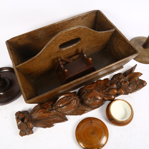 864 - A 19th century oak housemaid's tray, L33.5cm, carved wood pediment, candlestick, novelty money box, ... 