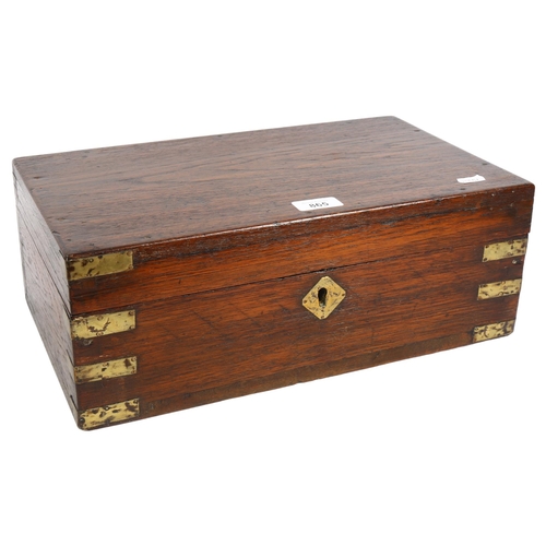 865 - A Victorian brass-bound oak box with fitted candle box, L40cm