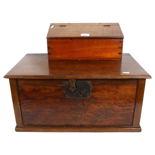 866 - An Antique lined oak box with key, L57cm, and a wall-mounted oak box with sloping lid