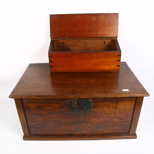 866 - An Antique lined oak box with key, L57cm, and a wall-mounted oak box with sloping lid